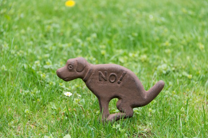 Little brown dog lawn sign telling people to curb their dog and pick up dog poop to prevent pollution