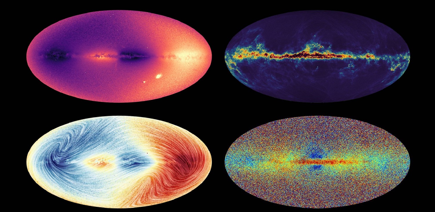 Four Gaia star maps in rainbow colors on a black background