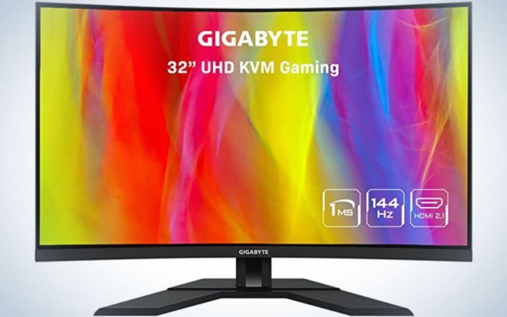  A Gigabyte curved monitor with a rainbow background