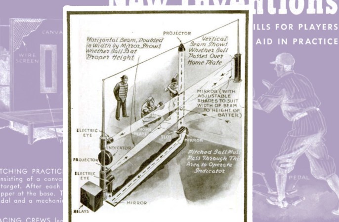 an illustration of a robotic sensor that detects if a baseball thrown is a ball or strike. in the background is a purple filtered image of baseball articles and images