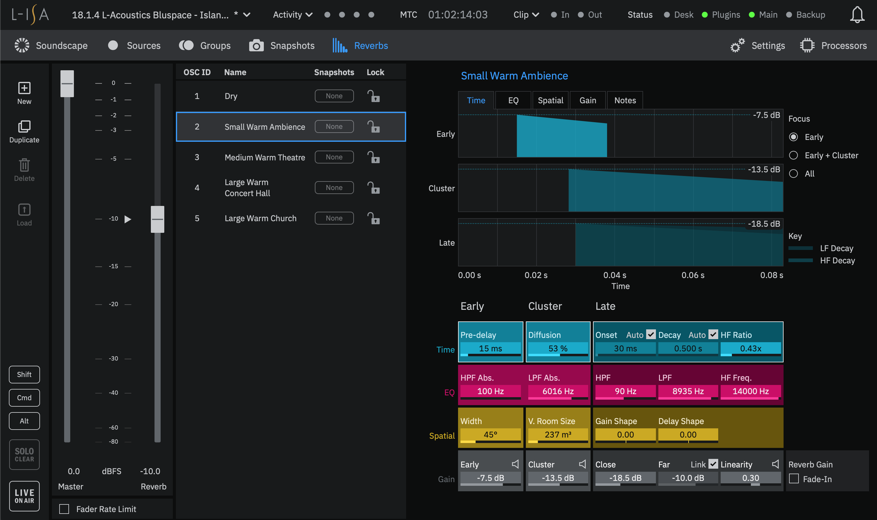 Screenshot of L-ISA Studio Reverbs setup window