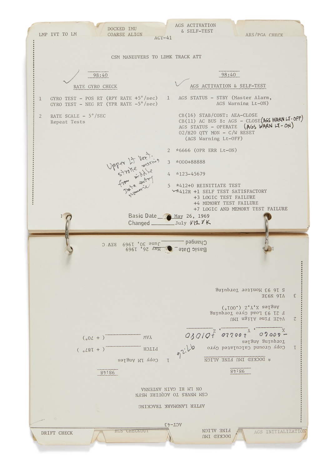 Notebook with lunar flight tasks in black ink