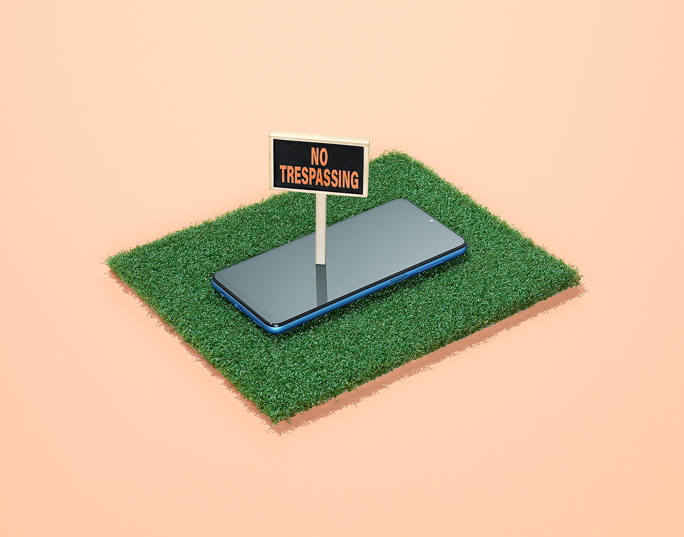 phone on fake lawn with no trespassing sign on it