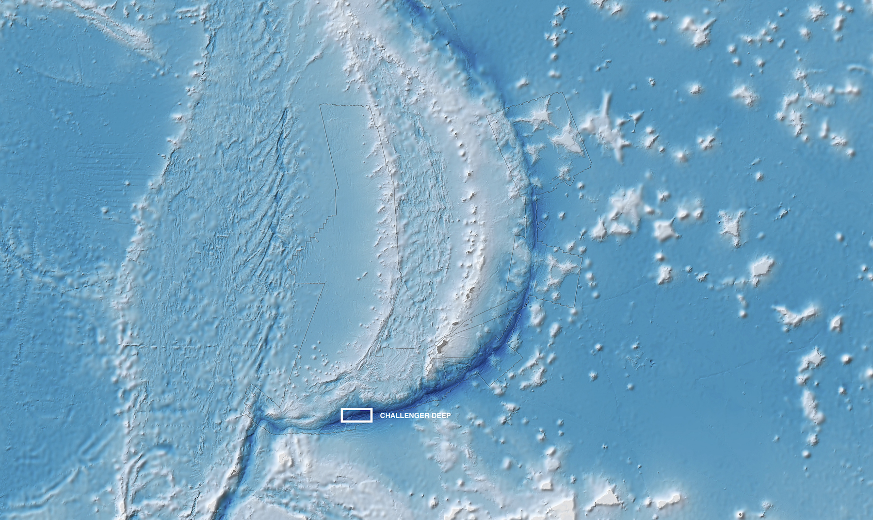 a map of mariana trench with a box highlighting challenger deep located on the southern tip of the trench