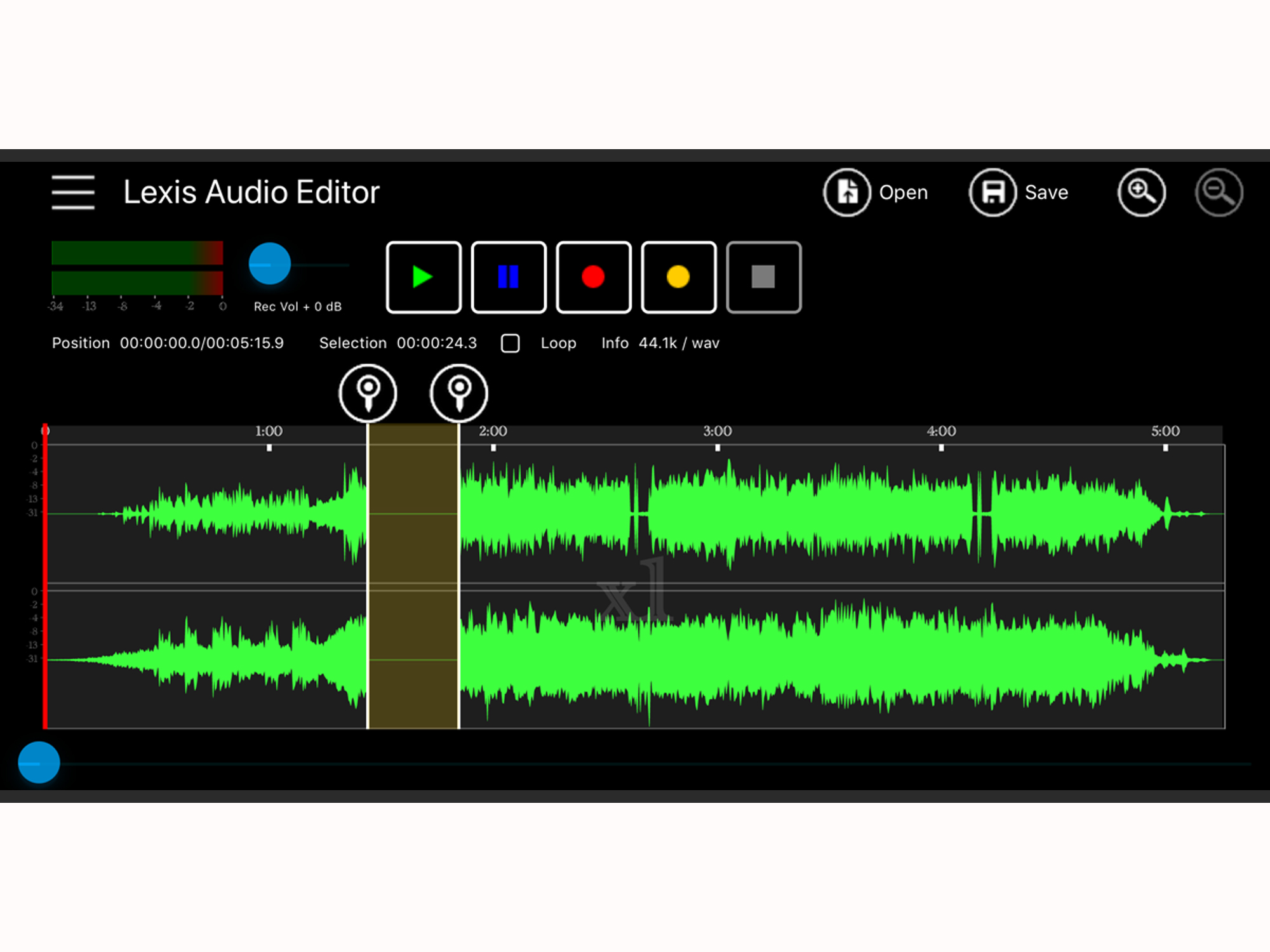 The Lexis Audio Editor interface on a phone.