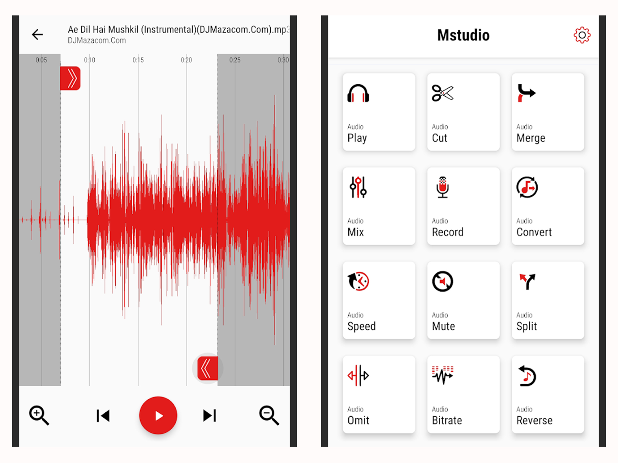 The app interface for Mstudio while editing audio on a phone.