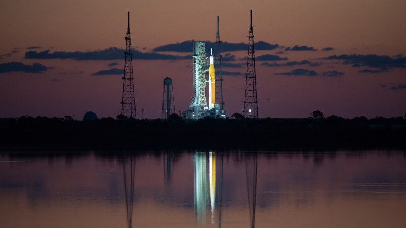 NASA’s Space Launch System (SLS) rocket with the Orion spacecraft aboard is seen at sunrise atop a mobile launcher at Launch Complex 39B, Monday, April 4, 2022.