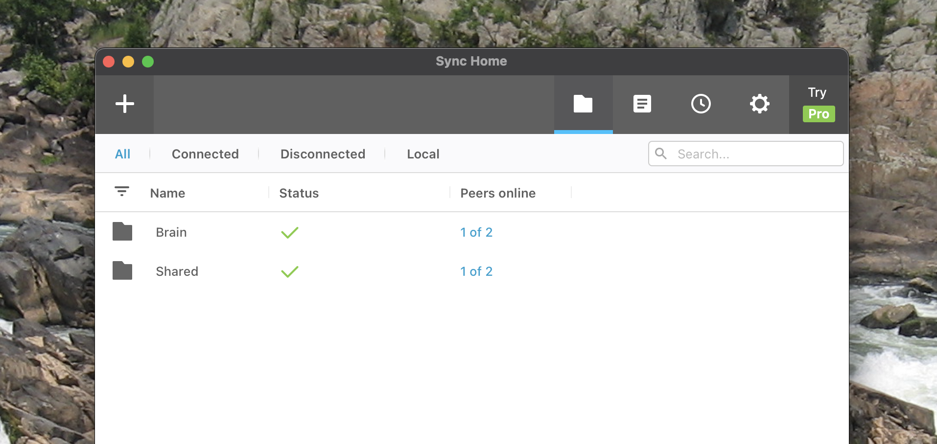 The Resilio Sync interface showing connected and synced file folders.