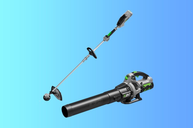 A set of lawn tools against a blue gradient background