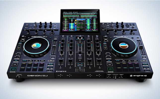 Black Denon Prime Four Plus Standalone DJ controller on a white and blue gradient