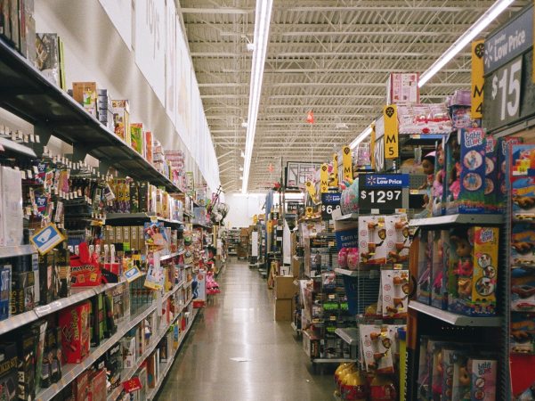 Stocked aisles in a Walmart store