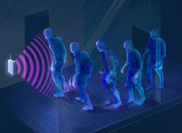 An illustration of a person walking across a room, with radar bouncing off of them as a series of waves coming from a box.