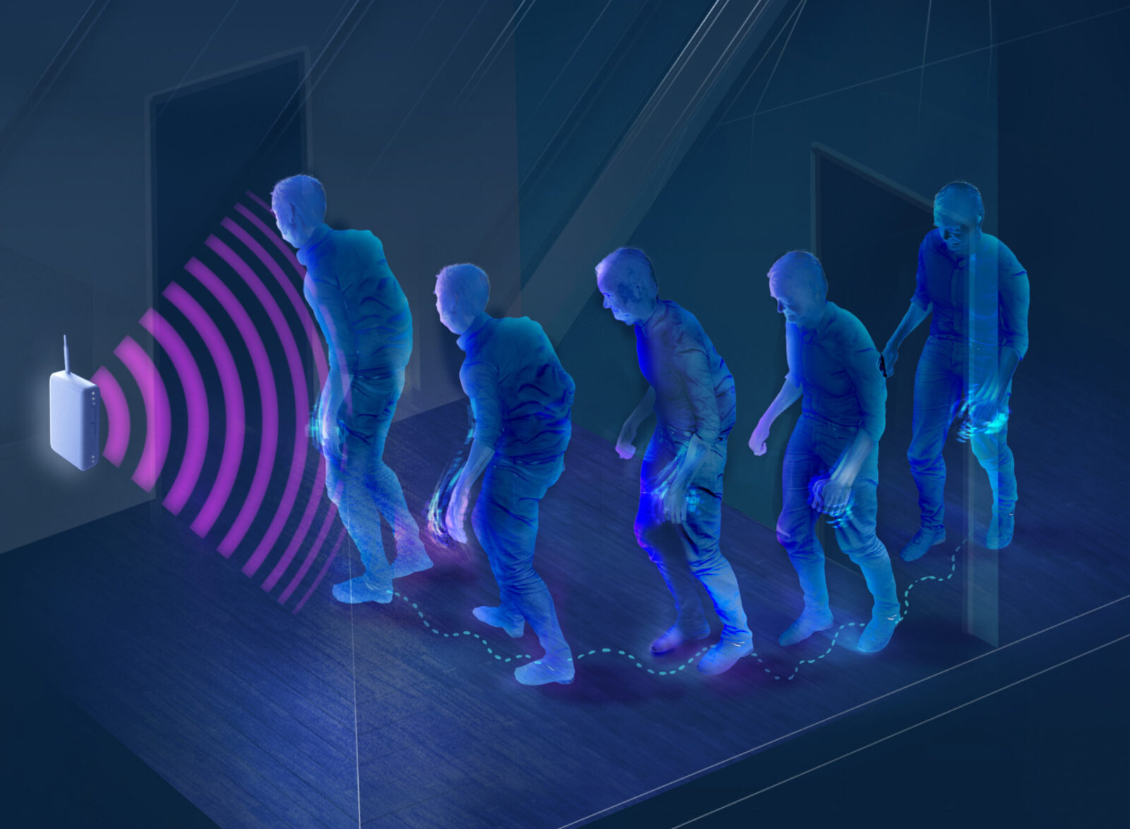 An illustration of a person walking across a room, with radar bouncing off of them as a series of waves coming from a box.