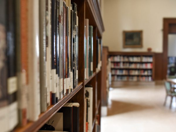 Close up of library books on shelf