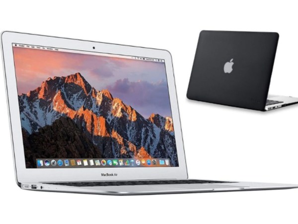 A Macbook Air with a black hard case on a white background