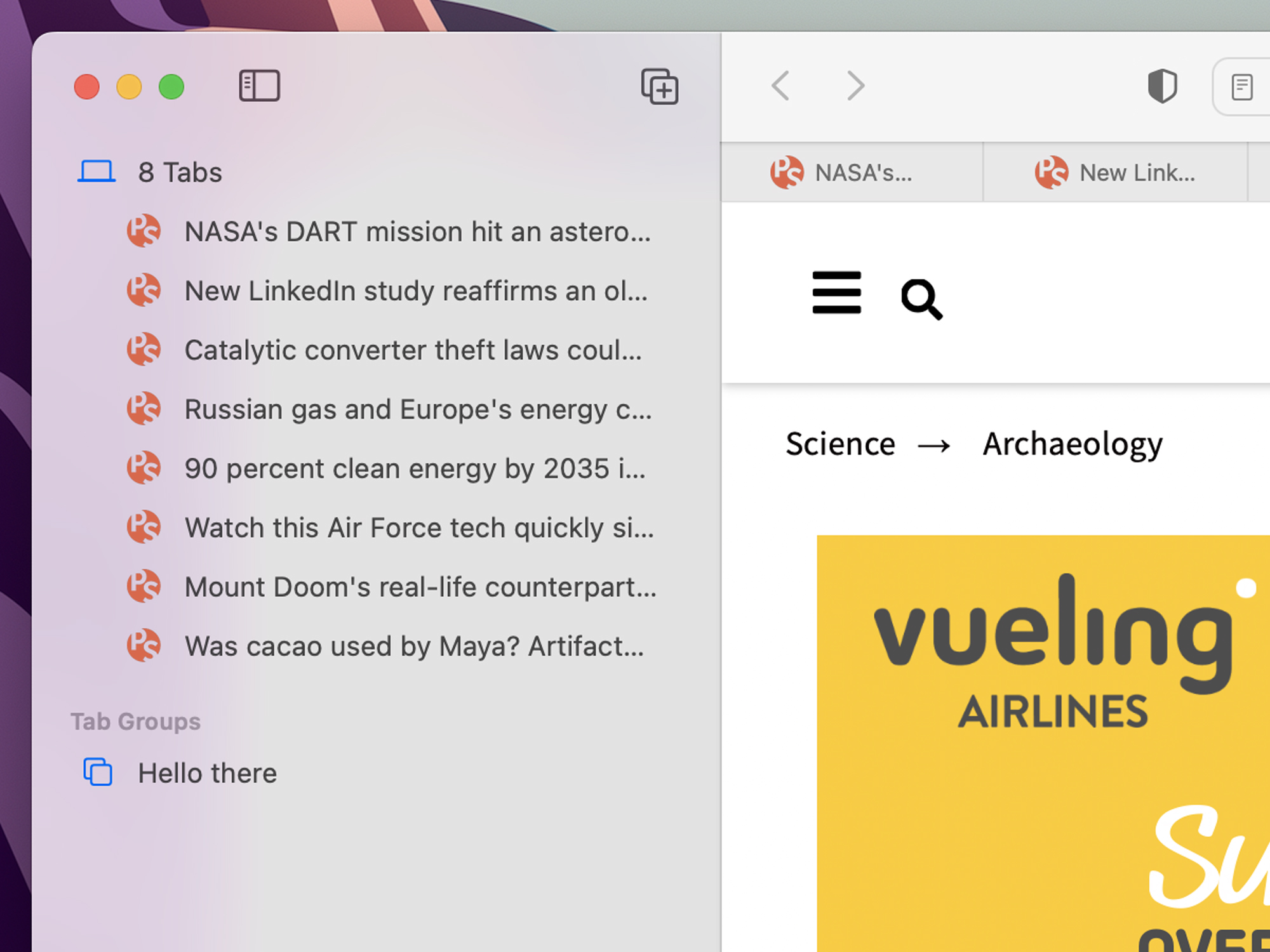 screenshot of vertical sidebar on safari