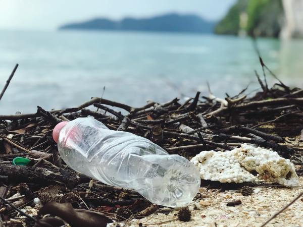 Plastic trash on a beach.