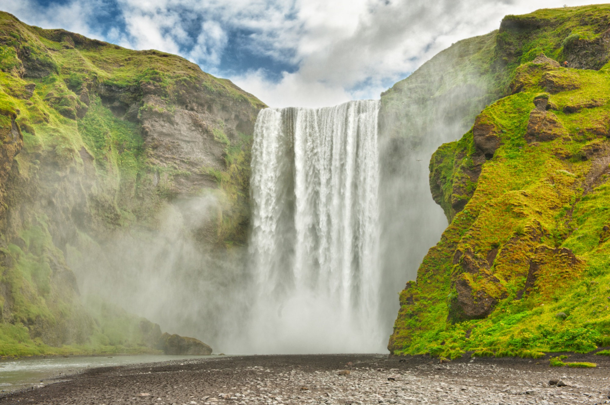 Water droplets rising from Iceland's Skogafoss waterfall.