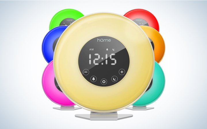  A hOmeLabs Sunrise Alarm Clock on a blue and white background