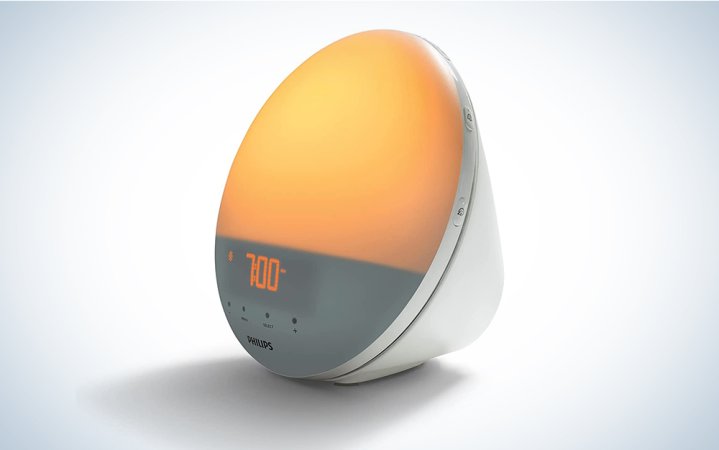  The Philips SmartSleep Wake-up Light on a blue and white background