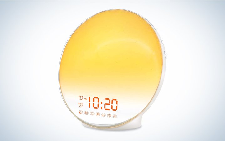  The JALL Wake Up Sunrise Alarm Clock on a blue and white backdrop