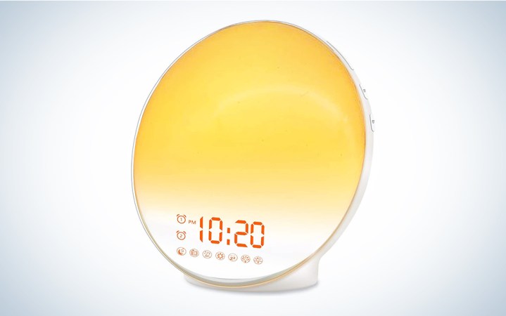  The JALL Wake Up Sunrise Alarm Clock on a blue and white backdrop