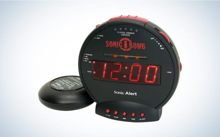  A Sonic Bomb alarm clock on a blue and white background 