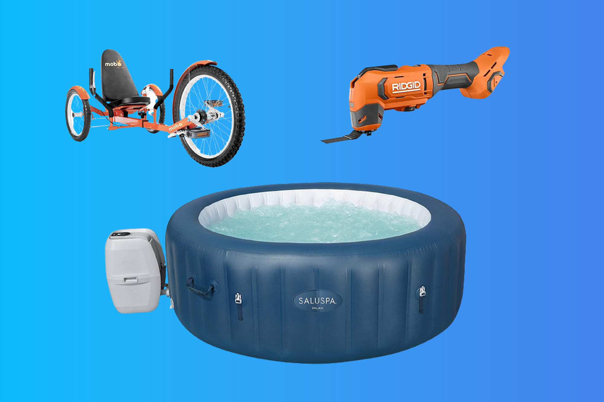 A lineup of items on sale on a blue background