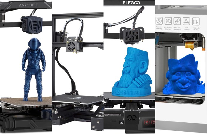 A lineup of 3D printers on a blue and white background