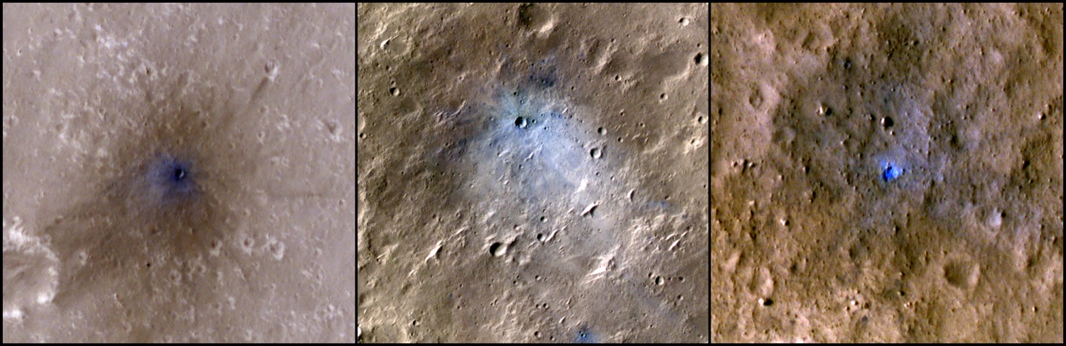 a collage of three images of meteor impacts on mars