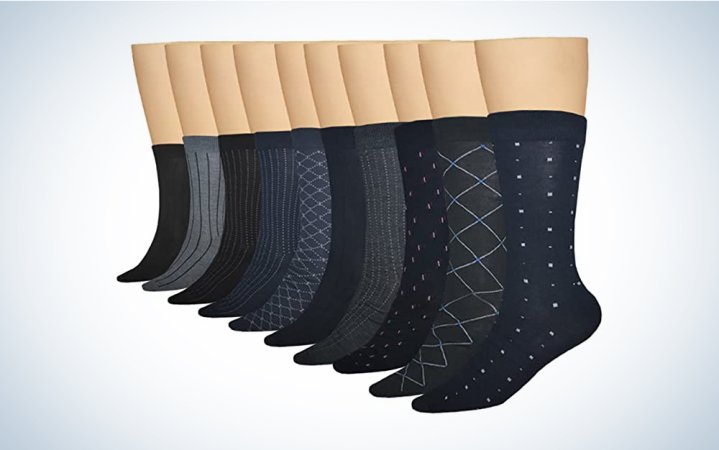  Blue patterned dress socks on a blue and white background