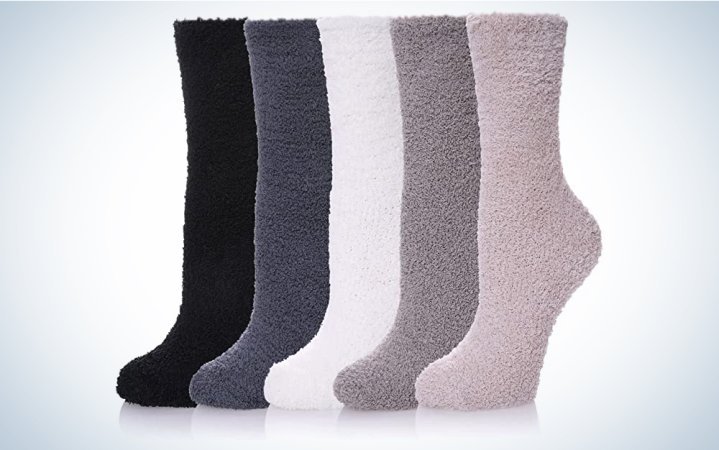  A lineup of fuzzy socks on a blue and white background