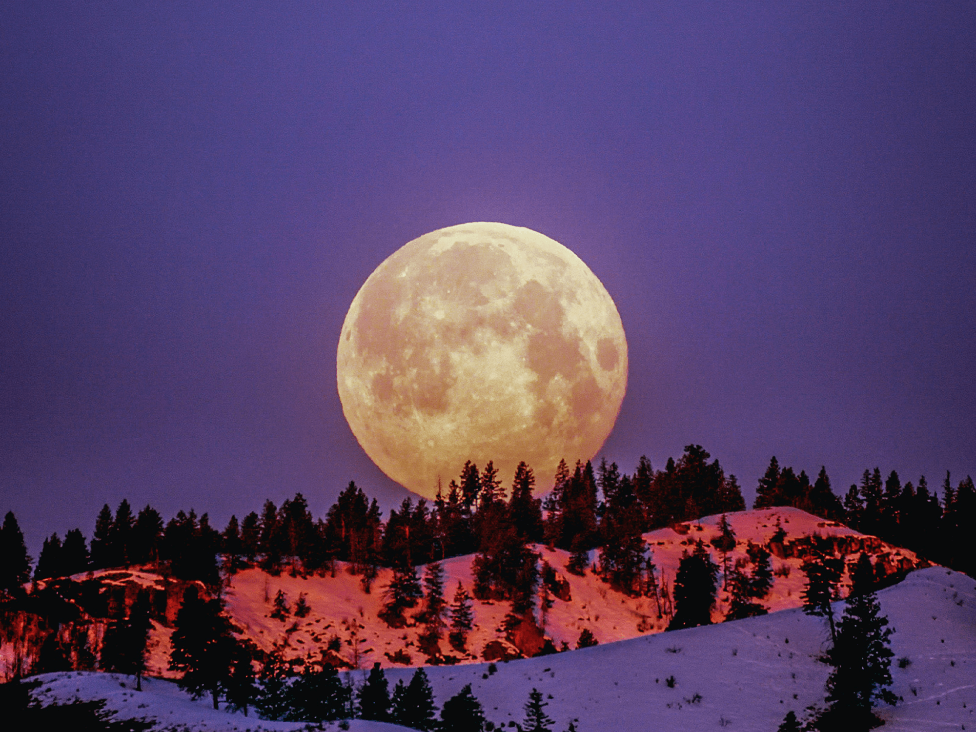 A full moon rises over snowy hills.