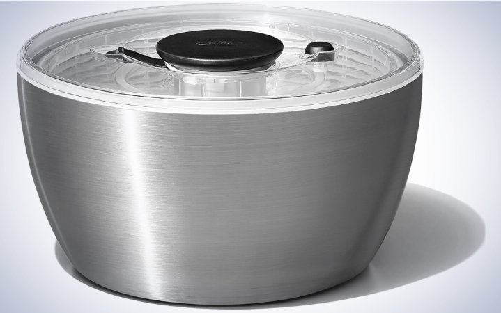  OXO Good Grips Stainless Steel Salad Spinner on a plain white background.