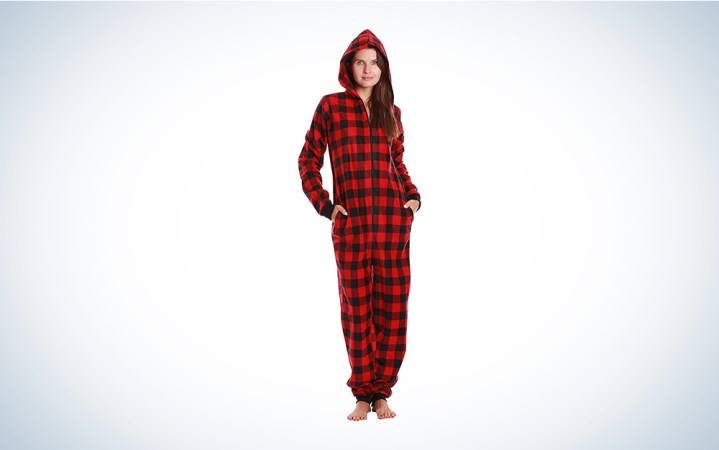  A red and black Buffalo plaid onesie on a blue and white background