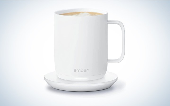  A white Ember heated mug on a blue and white background