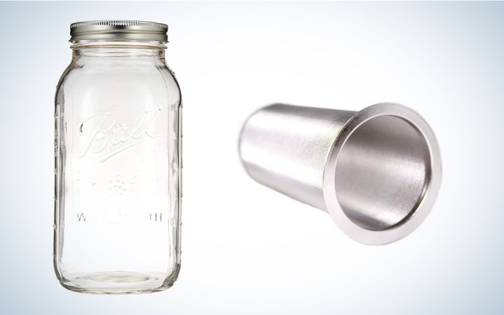  A Ball mason jar and a Klein coffee filter on a blue and white background