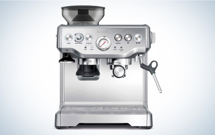  A Breville espresso machine on a blue and white background