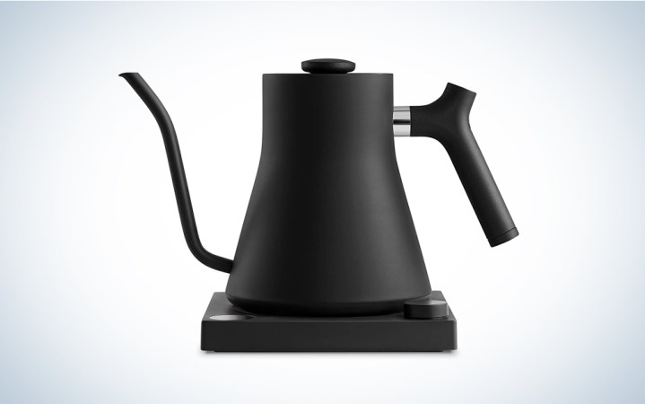  A black Fellow Stagg kettle on a blue and white background