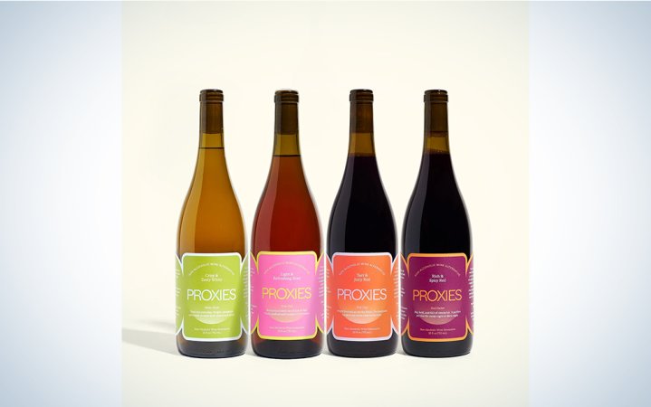  A lineup of Proxies wine on a blue and white background