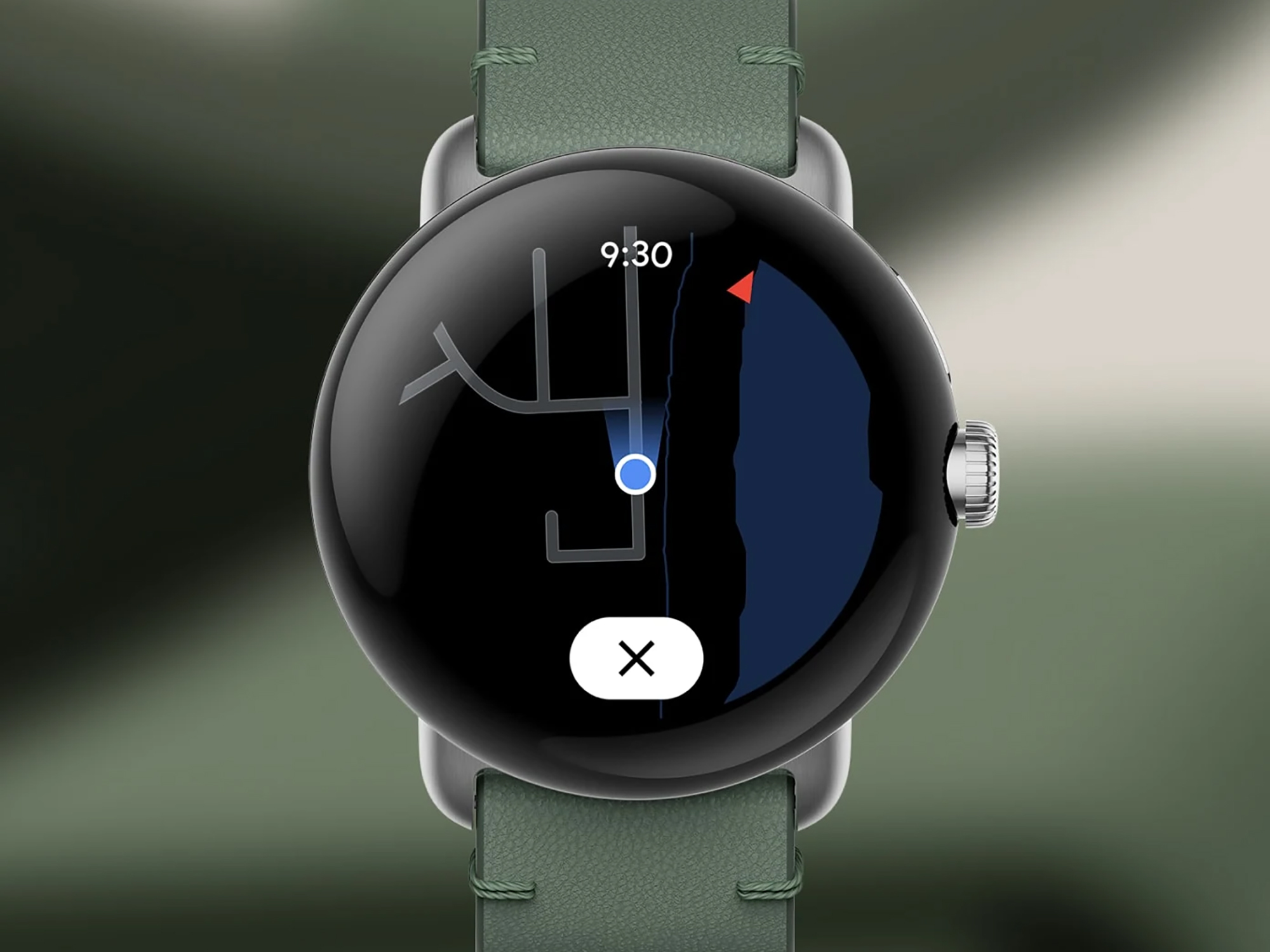 A Pixel Watch showing its Google Maps navigation display.