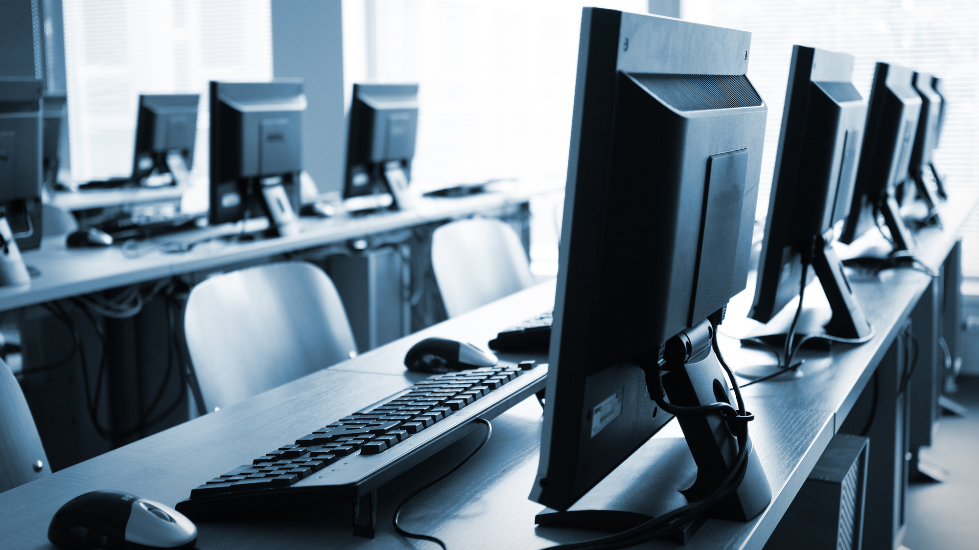 Rows of desktop computers in computer lab