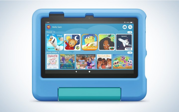  A blue Amazon Fire 7 Kids tablet on a blue and white background