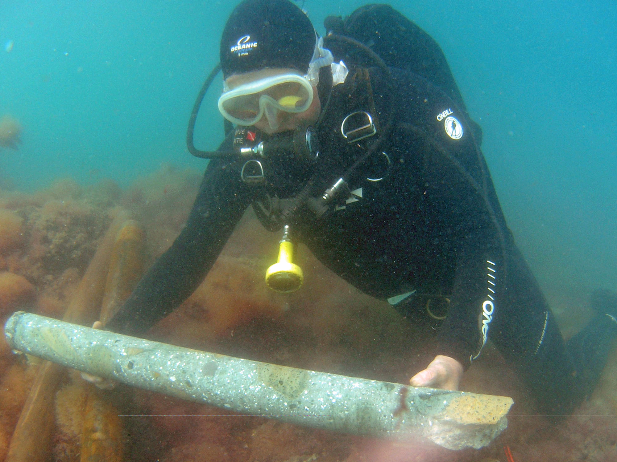 diver holds core sample from ancient concrete wall
