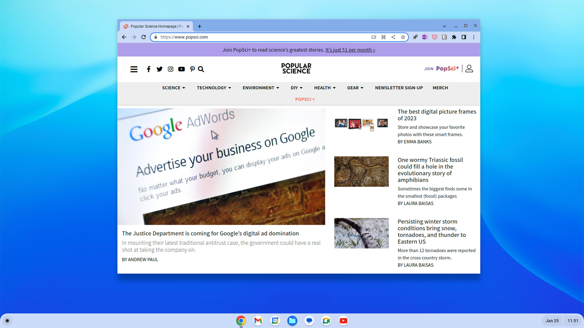 screenshot of google chrome opened on chromeos flex showing the home page of popsci.com