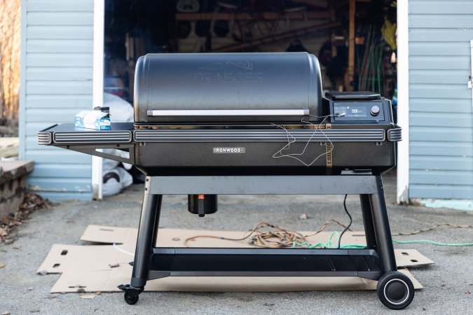 Traeger Ironwood XL grill review in front of a garage