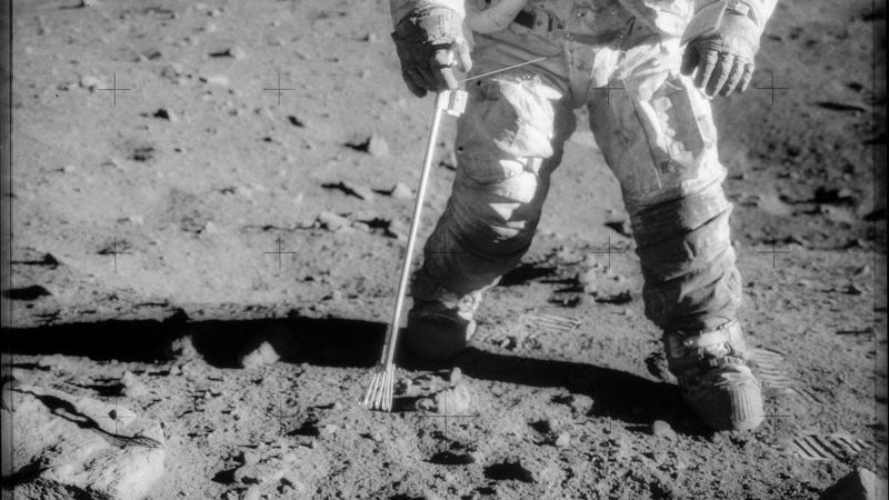 A close-up view of astronaut Charles Conrad Jr., commander of the Apollo 12 lunar landing mission, photographed during the extravehicular activity (EVA) on the surface of the moon