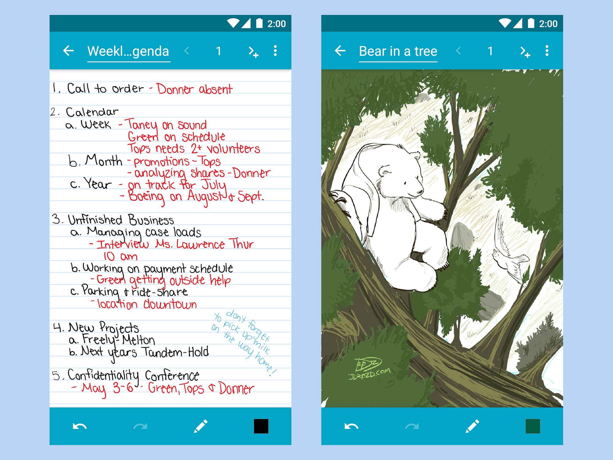 The Squid note taking app as it would appear on a phone screen, showing handwritten notes and a sketch.