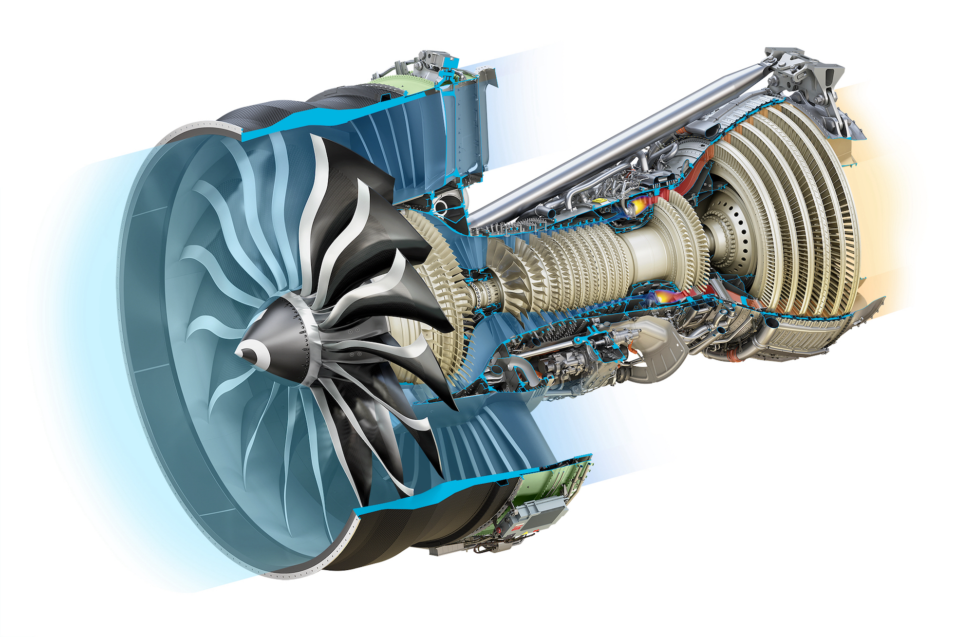 How a GE9X jet engine works. Diagram.