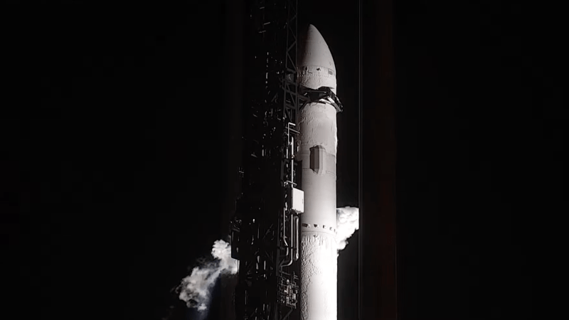 Upper portion of Relativity Space's 3D printed Terran rocket at night prior to launch